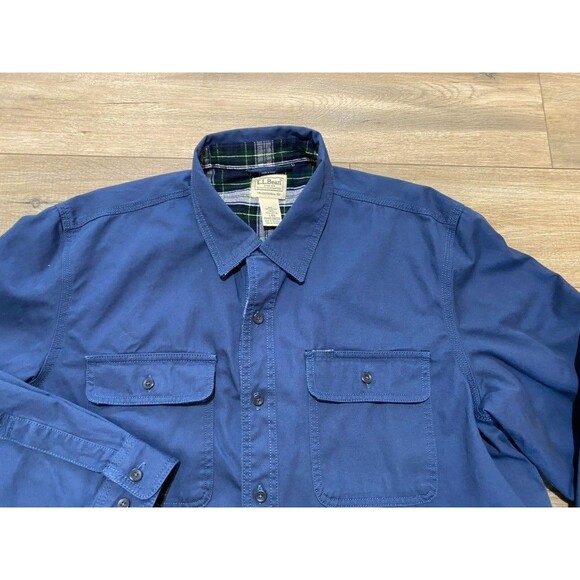 LL Bean Jacket Mens Large Blue 90s Canvas Shacket Flannel Lined Flap Pocket - Picture 2 of 10